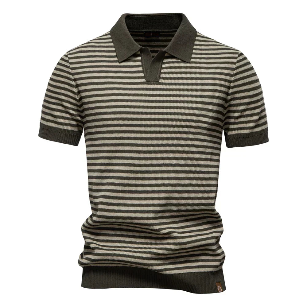 Men's Short Sleeve Striped Polo Shirt with Contrast Knit Design