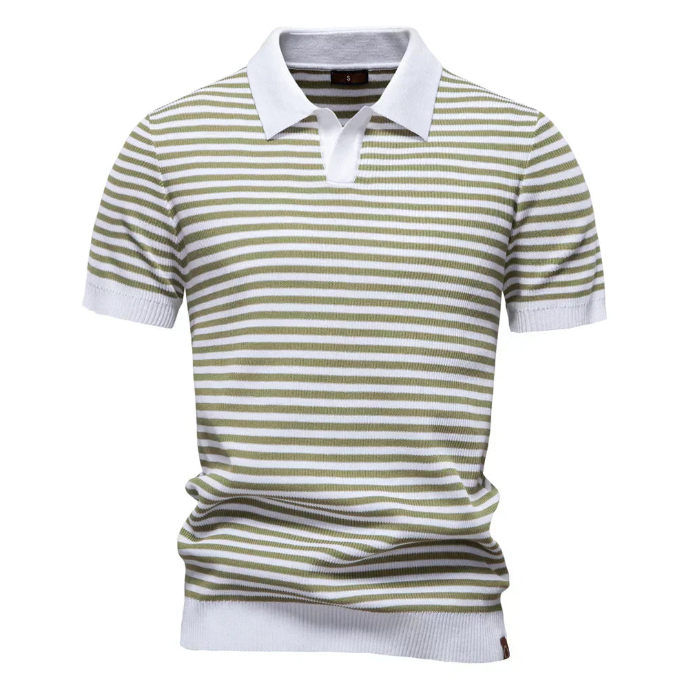Men's Short Sleeve Striped Polo Shirt with Contrast Knit Design