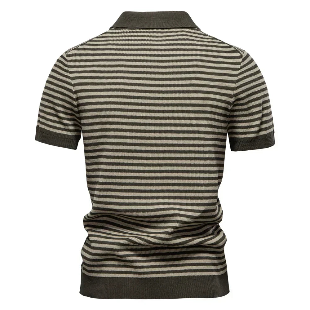 Men's Short Sleeve Striped Polo Shirt with Contrast Knit Design