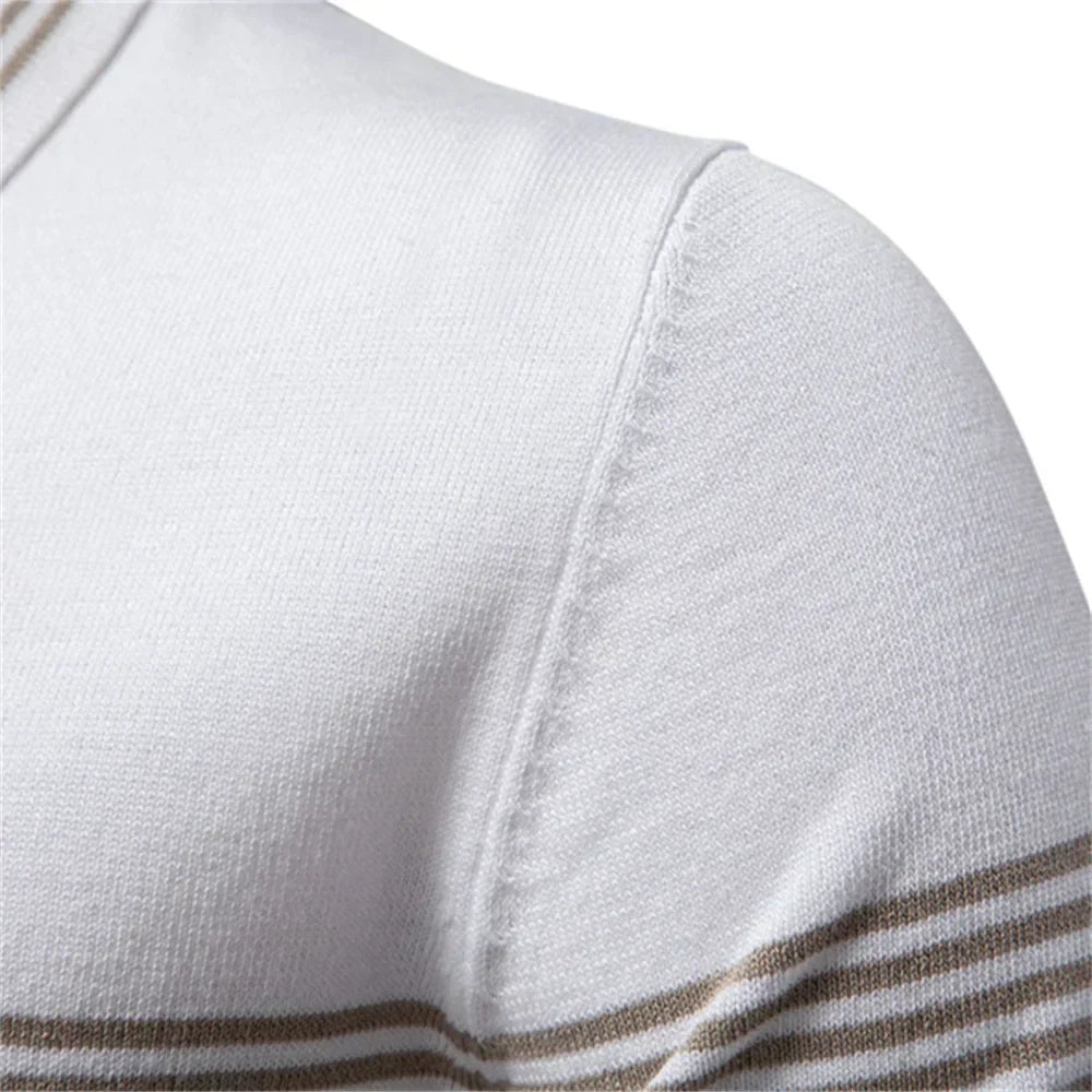 Men's Short-Sleeve Zip Polo Shirt with Chest Stripe and Slim Fit