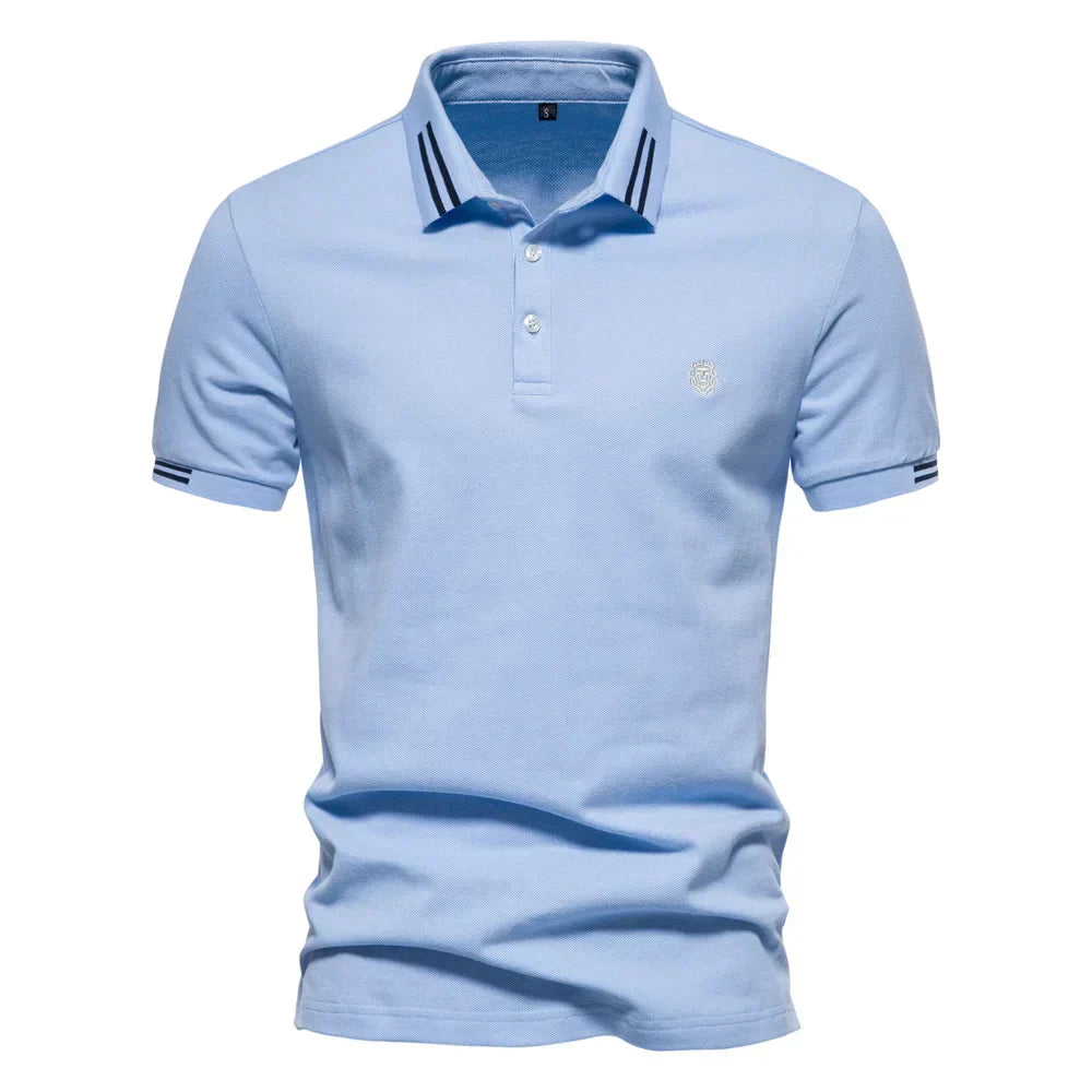 Men's Short-Sleeve Polo Shirt with Stripe Trim and Chest Logo