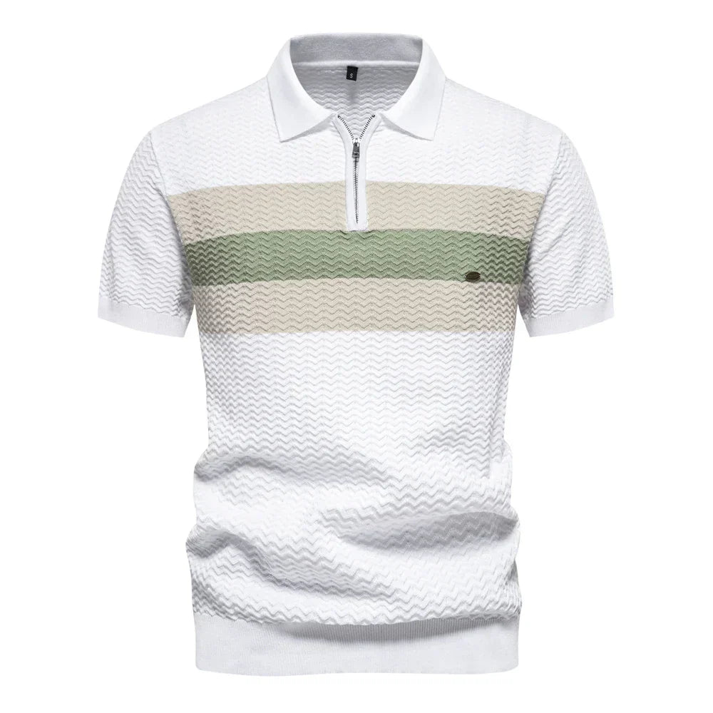 Men's Short-Sleeve Knit Polo Shirt with Striped Chest and Zip Neck
