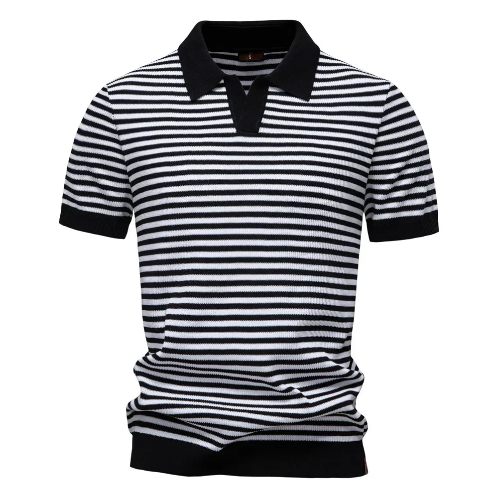 Men's Short Sleeve Striped Polo Shirt with Contrast Knit Design